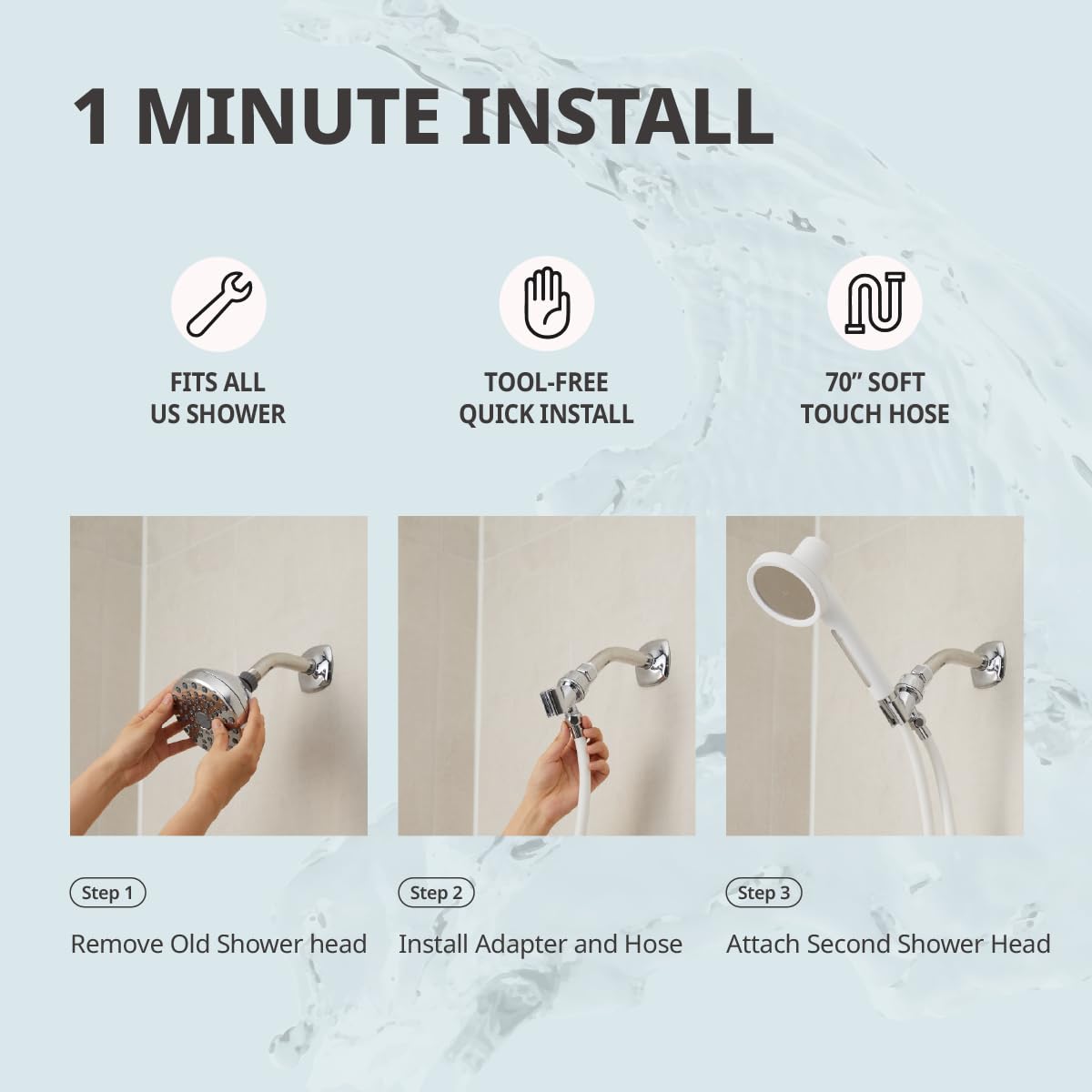 SECOND SHOWER NSF Certified Filtered Shower Head, Clinically Proven for Skin Health, High Pressure Luxury Handheld Filter for Hard Water, Premium 70” Hose, Reduces Frizzy Dry Hair (Pure Silver)