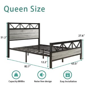 CHABUILDREARK Queen Bed Frame, Industrial 51.2" Platform Bed, Tall Headboard Queen Bed Frame with Strong Metal Support, No Box Spring Needed, Easy Assembly, Wash Grey