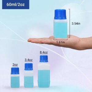 ASEVAT Plastic Narrow Mouth Lab Reagent Bottles, HDPE Square Sample Storage Container, Chemical Container Bottle with Inner Cover, Empty Pill Bottles (Translucence, 2 OZ/60ml)