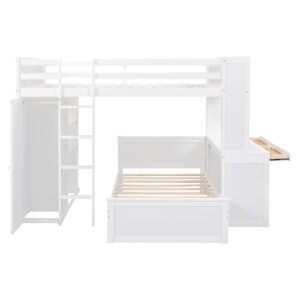 Full Over Twin Bunk Beds with Desk and Drawers , Wooden Full Size Loft Bed with Removable Twin Bed , Wardrobe and Shelves , Storage Bunk Bed with Ladder & Guardrails for Kids Girls Boys , White