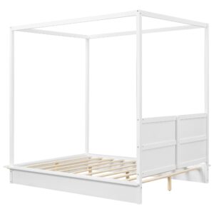 Harper & Bright Designs Full Size Canopy Bed with LED Lights, Wooden Full Platform Bed Frame with Support Slats, No Box Spring Needed, White