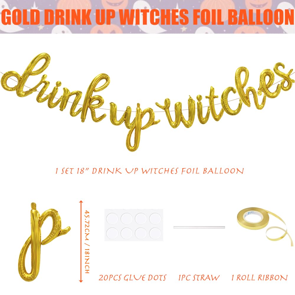 Drink Up Witches Script/Cursive Gold Letter Balloons, 18 Inch Halloween Party Decoration Foil Balloon Garland for Outdoor Indoor Bathroom Yard Window Wall Home Room Table Bedroom Party Favors Supplies