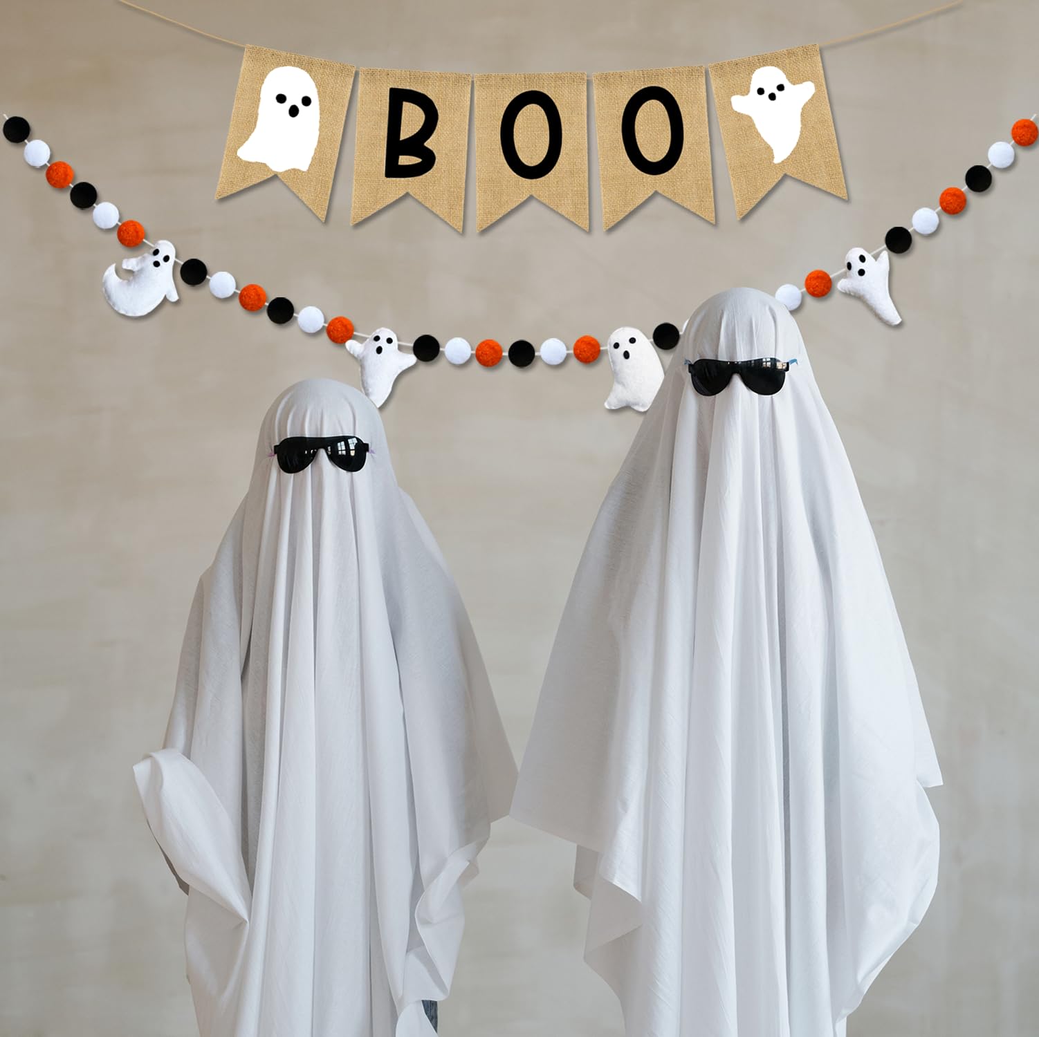 PTFNY Halloween Banner Burlap Boo Banner Ghost Felt Ball Banner Happy Halloween Banner Halloween Decor for Party Halloween Birthday Decorations