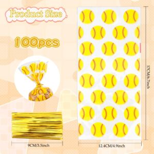 Softball Goodie Bags, 100 PCS Softball Snack Bags, Baseball Goodie Bags Softball Cellophane Bags Gift Treat Goody Cookie Snack Bags for Team Party Bags Favor Bulk Softball Theme Birthday Decoration