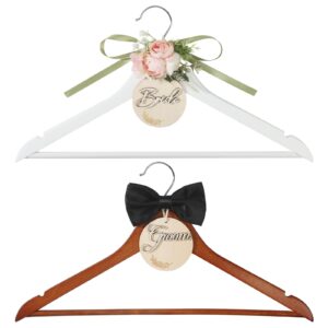 bride hanger, 2 pack wedding hanger bridal hanger bride groom hanger personalized name tags, dark wood and white wood bridal dress hanger, ideal keepsake for wedding day photos and gift (pink&white)