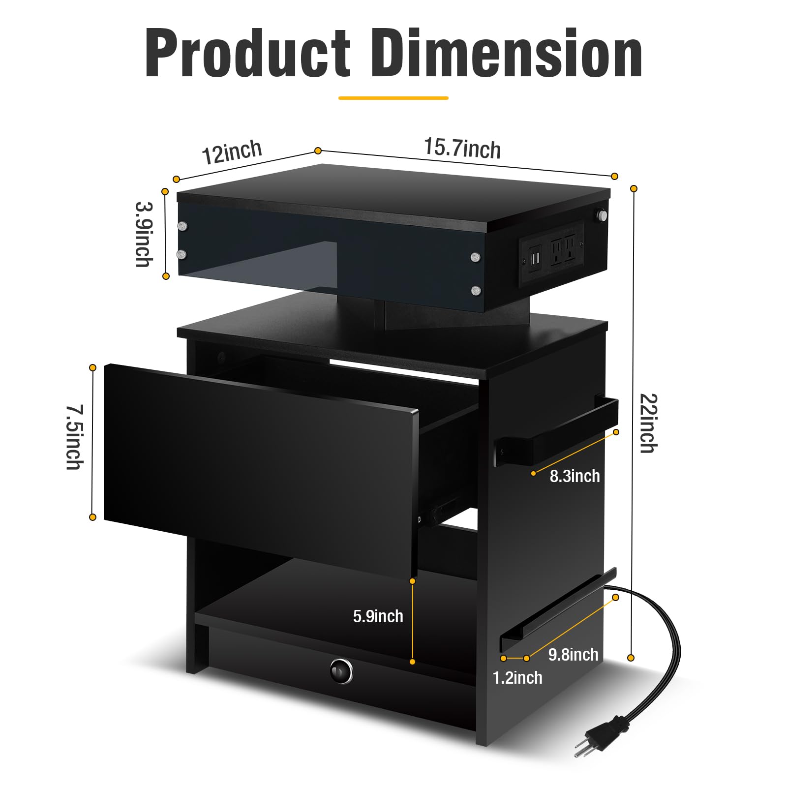 LAINELAND Night Stand Set 2,Nightstand with Charging Station,Induction Light and LED Light,Bedside Table with Drawers,Modern Nightstand End Side Table for Bedroom,Nightstands with Bookshelf,Black