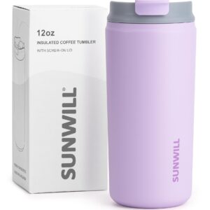 SUNWILL Insulated Coffee Mug with Lid, Leakproof Travel Coffee Tumbler Cups, 12 oz Iced Coffee Cup Powder Coated Lavender