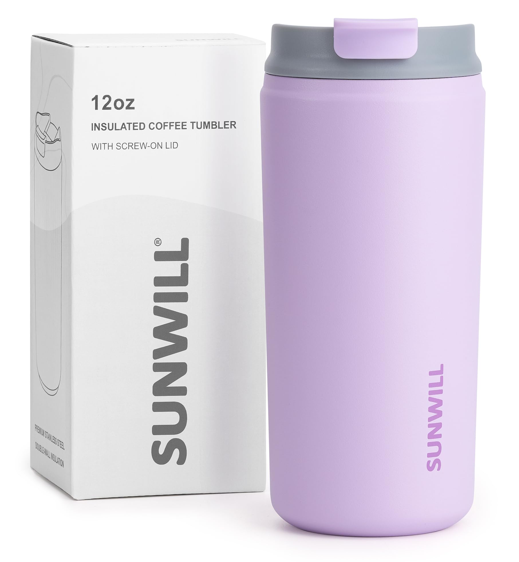 SUNWILL Insulated Coffee Mug with Lid, Leakproof Travel Coffee Tumbler Cups, 12 oz Iced Coffee Cup Powder Coated Lavender