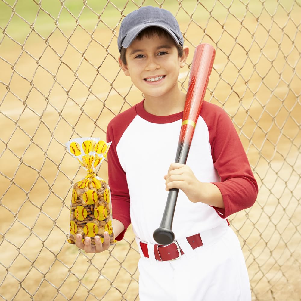 Softball Goodie Bags, 100 PCS Softball Snack Bags, Baseball Goodie Bags Softball Cellophane Bags Gift Treat Goody Cookie Snack Bags for Team Party Bags Favor Bulk Softball Theme Birthday Decoration