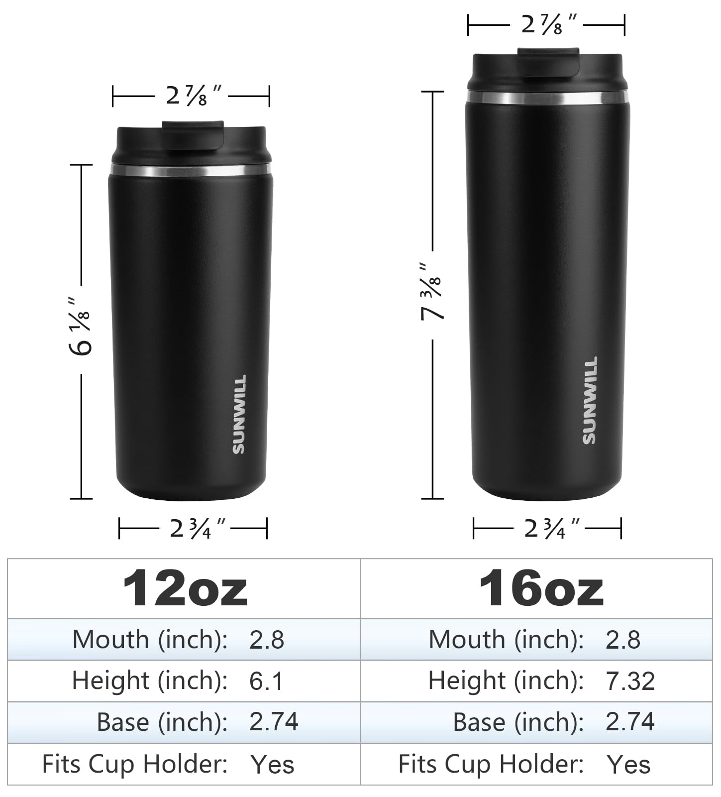 SUNWILL Coffee Tumbler Cups, Insulated Coffee Mug with Lid, 16 oz Stainless Steel Travel Coffee Cup, Powder Coated Black