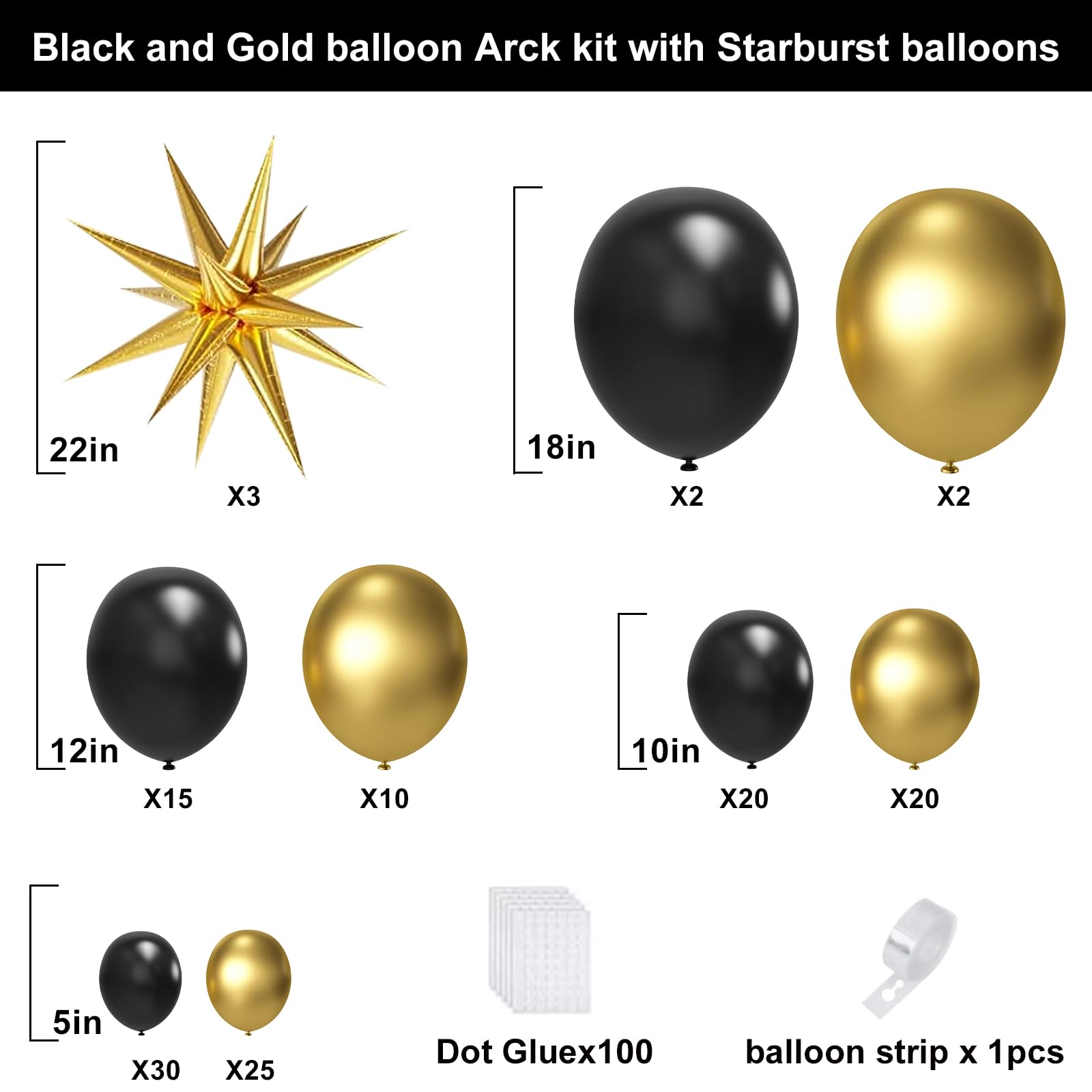 Black and Gold Balloons with 3pcs Starburst Balloons, 5 10 12 18 inch Black and Gold Balloons Garland Arch Kit for Birthday, New Years, Graduation and Anniversary Decorations Supplies