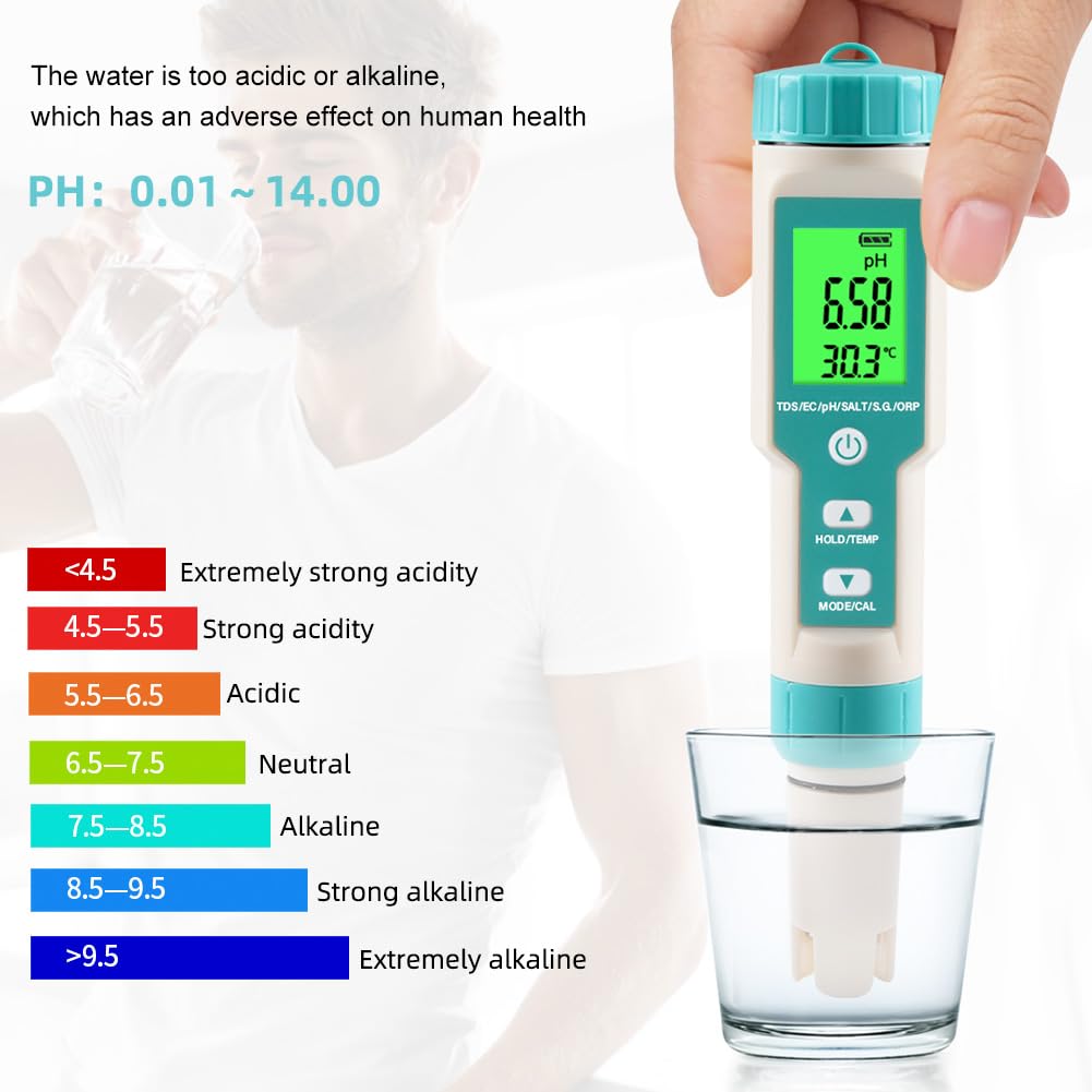 pH Meter for Water 7 in 1 PH/TDS/EC/Salt/S.G/ORP/Temp Meter,pH Tester Digital Backlit Waterproof LCD,TDS Meter EC Meter PPM Meter Suitable for Pools, Drinking Water, Aquariums, Hydroponic Cooking.