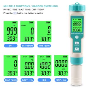 pH Meter for Water 7 in 1 PH/TDS/EC/Salt/S.G/ORP/Temp Meter,pH Tester Digital Backlit Waterproof LCD,TDS Meter EC Meter PPM Meter Suitable for Pools, Drinking Water, Aquariums, Hydroponic Cooking.