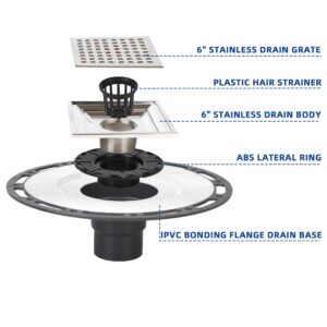 4-Inch Square Shower Drain with Bonding Flange - Durable Stainless Steel Shower Drain Flange Kit for Quick Drainage, Easy Installation, Ideal for Bathroom & Wet Area Renovations