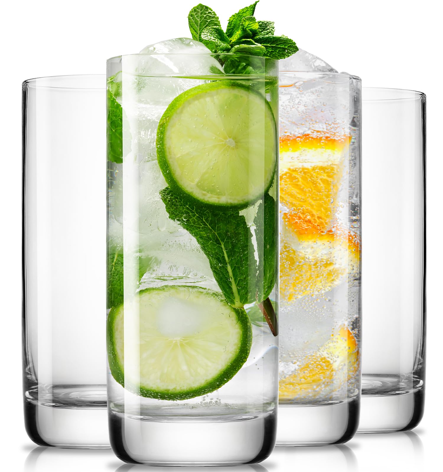 LUNA & MANTHA Highball Glasses Set of 4, 13oz Drinking Glasses Lead-Free Crystal Tall Water Glasses for Mojito, Tom Collins, Iced Tea, Gin & Tonics, Home Bar, Birthdays, Housewarming Gift, Clear