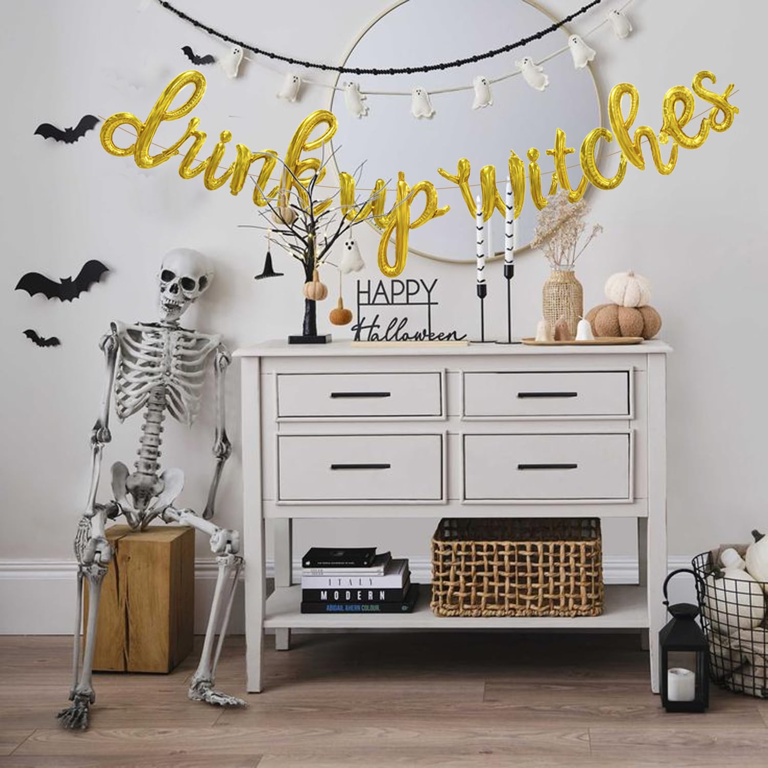 Drink Up Witches Script/Cursive Gold Letter Balloons, 18 Inch Halloween Party Decoration Foil Balloon Garland for Outdoor Indoor Bathroom Yard Window Wall Home Room Table Bedroom Party Favors Supplies