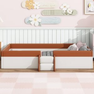 PU Upholstered Floor Bed with Fence and Stairs, Twin Floor Bed with Slats, Montessori Floor Bed for Kids, Girls, Boys, Twin Size Montessori Bed (Brown+White)