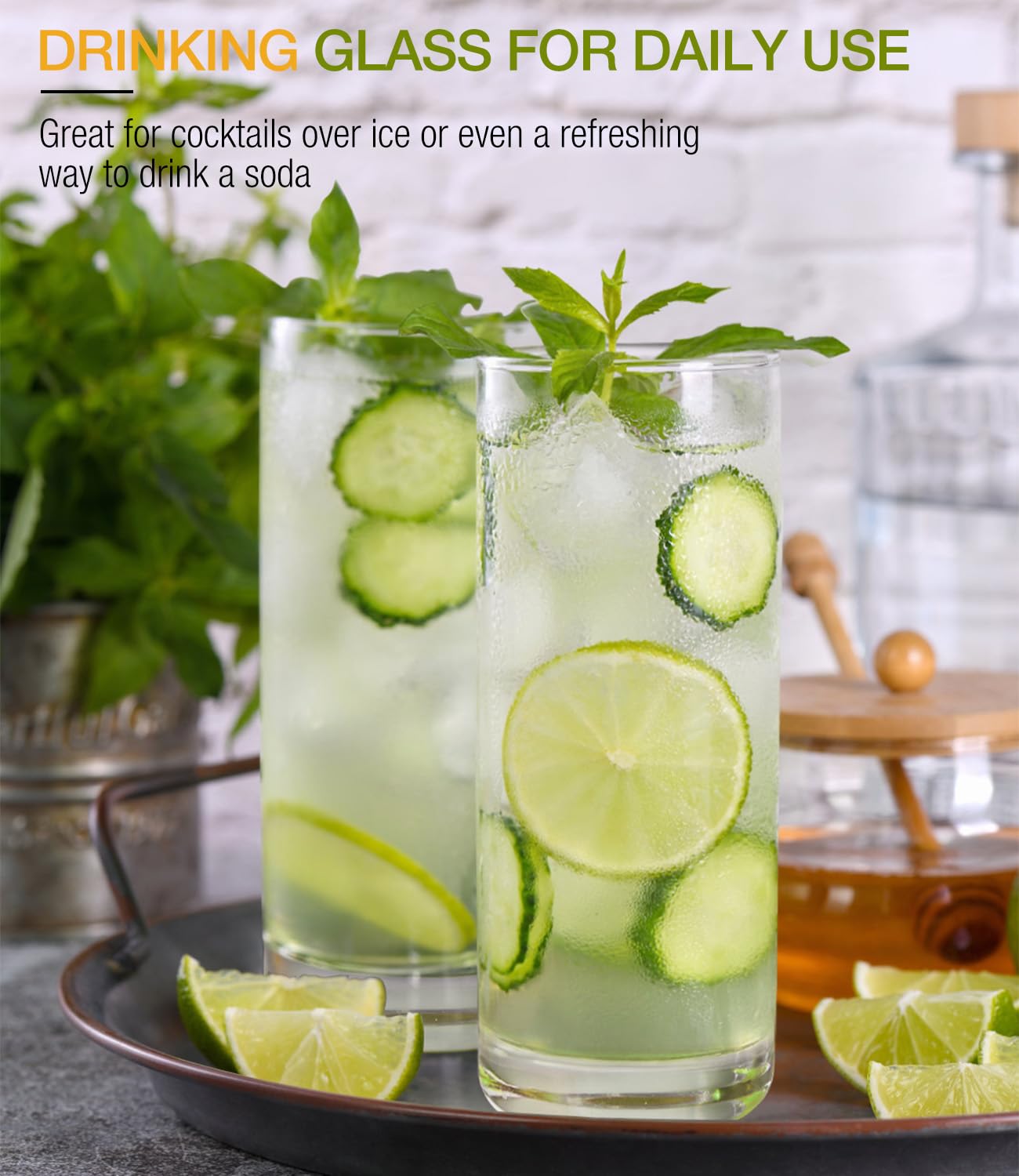 LUNA & MANTHA Highball Glasses Set of 4, 13oz Drinking Glasses Lead-Free Crystal Tall Water Glasses for Mojito, Tom Collins, Iced Tea, Gin & Tonics, Home Bar, Birthdays, Housewarming Gift, Clear