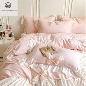 Rvciby Girls Pink Bow Duvet Cover Full Size,3PCS Soft Microfiber Bedding Set,Romantic French Bedding with Chiffon Lace and Cute Bows,Corner Ties&Zipper Closure (79"x90"-1 Duvet Cover,2 Pillow Cases)