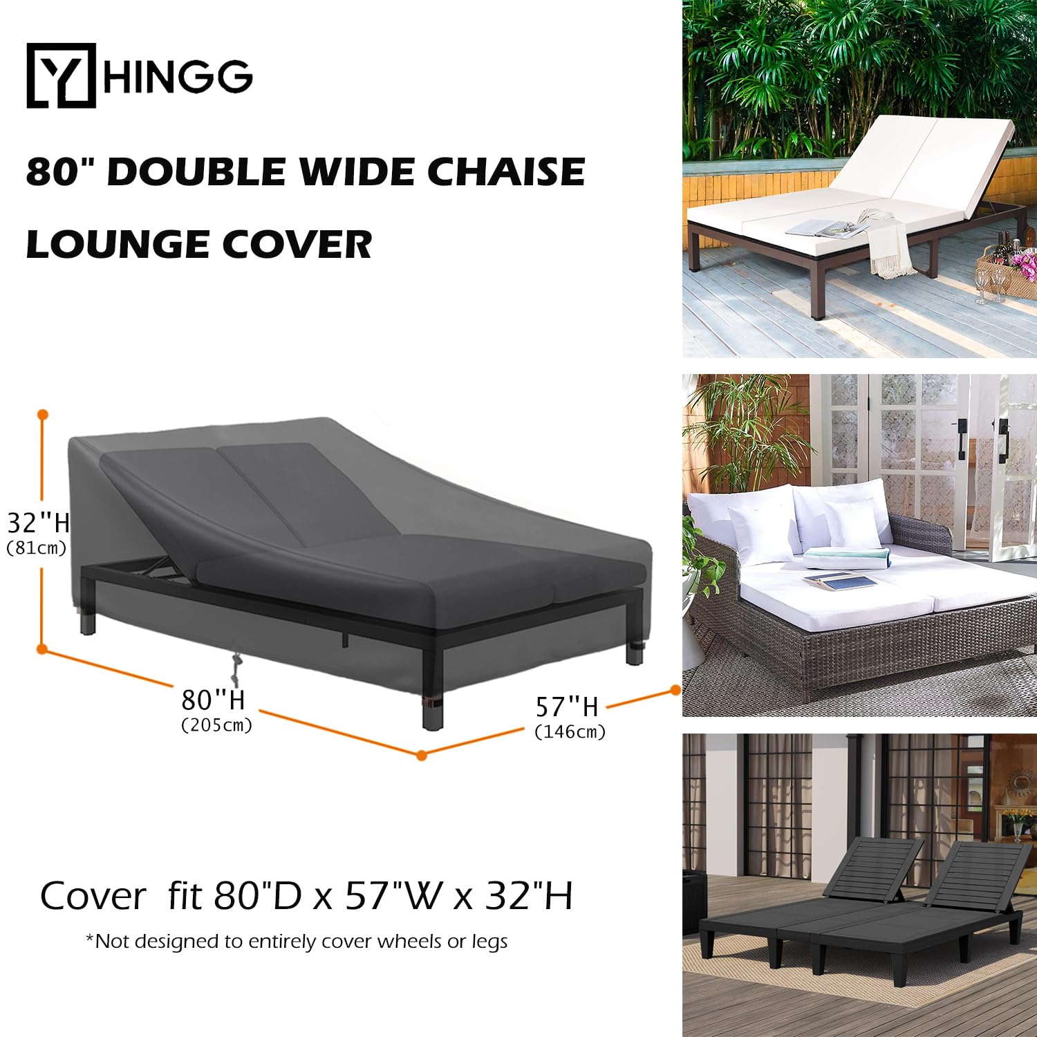 YHINGG Patio Chaise Lounge Cover Double Wide 82 Inch Lounge Chair Covers Waterproof Patio Furniture Covers (80" L x 57" W x 32" H)