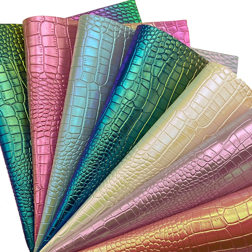 8 x 12 inches Holographic Iridescence Crocodile Faux Leather Sheets, 7pcs A4 Shiny Alligator Textured Synthetic Leather Fabric for Crafts Making Leather Earrings, Bows,Sewing ﻿