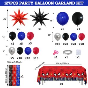 127pcs Spider Party Decorations Balloons Black Red and Blue Balloons Garland Kit Arch Backdrop Tablecloth Banner Cake Hero Theme Birthday Party Decorations Foil Fringe Curtains For Kids