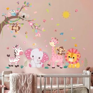 Amimagen Pink Forest Baby Animals Wall Decals - Elephant Lion Giraffe Monkey Zebra Wall Stickers - Nursery Kids Girls Boys Room Daycare Playroom Classroom Wall Decor