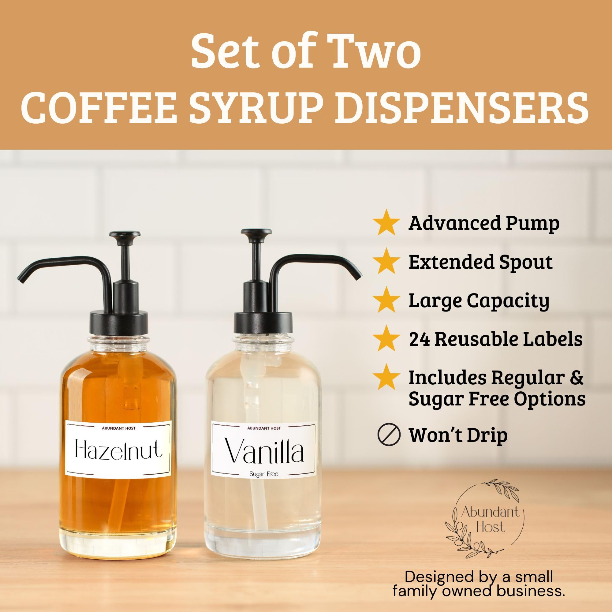 Coffee Syrup Dispenser with Pump, Set of 2, Coffee Bar Syrup Dispenser with Silicone Funnel, Glass Coffee Syrup Bottles for Coffee Bar, Black Syrup Pumps for Coffee Bar, Coffee Pumps for Syrup