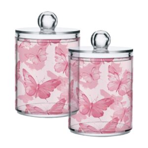 msyxl 2 pack pink butterflies apothecary jars with lid, qtip holder storage containers for cotton ball, swabs, pads, clear plastic canisters for bathroom vanity organization (10 oz)