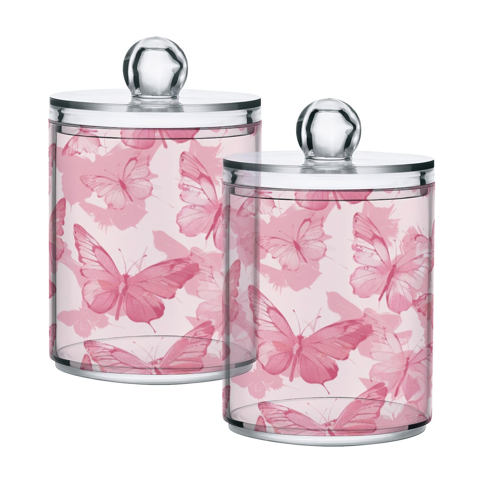 Msyxl 2 Pack Pink Butterflies Apothecary Jars with Lid, Qtip Holder Storage Containers for Cotton Ball, Swabs, Pads, Clear Plastic Canisters for Bathroom Vanity Organization (10 Oz)