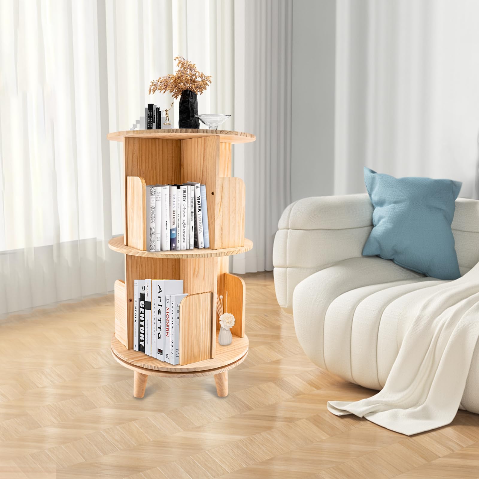 BYGOVICE Pine Wood Rotating Bookshelf Tower with 2 Tiers, Spinning Bookshelf 360 Display Floor Standing, Multi-Functional Bookshelf Organizer for Corridors, Balconies, Living Rooms, Study Rooms