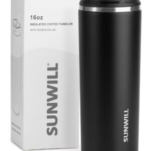 SUNWILL Coffee Tumbler Cups, Insulated Coffee Mug with Lid, 16 oz Stainless Steel Travel Coffee Cup, Powder Coated Black