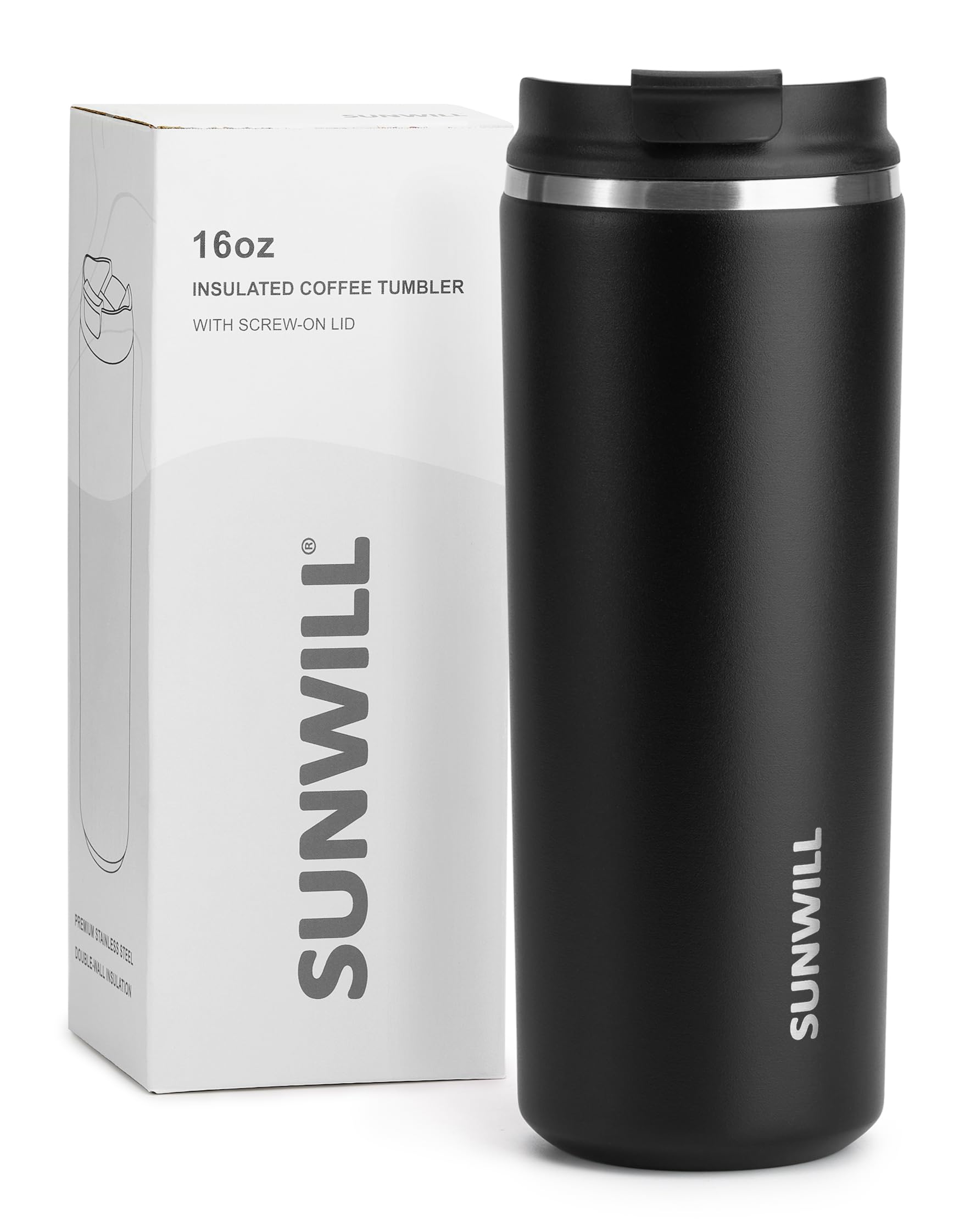 SUNWILL Coffee Tumbler Cups, Insulated Coffee Mug with Lid, 16 oz Stainless Steel Travel Coffee Cup, Powder Coated Black