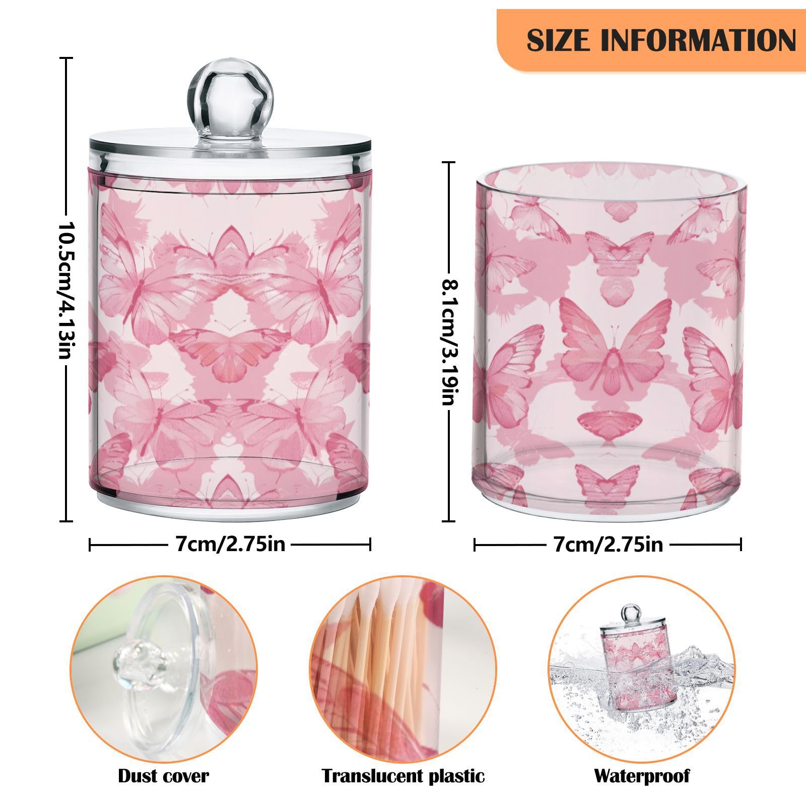 Msyxl 2 Pack Pink Butterflies Apothecary Jars with Lid, Qtip Holder Storage Containers for Cotton Ball, Swabs, Pads, Clear Plastic Canisters for Bathroom Vanity Organization (10 Oz)