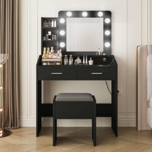 GarveeHome Vanity Desk with Mirror and Lights, Makeup Vanity Desk with Charging Station and Cushioned Stool, Dressing Table with 2 Drawers & 3 Lighting Modes Adjustable Brightness for Bedroom, Black