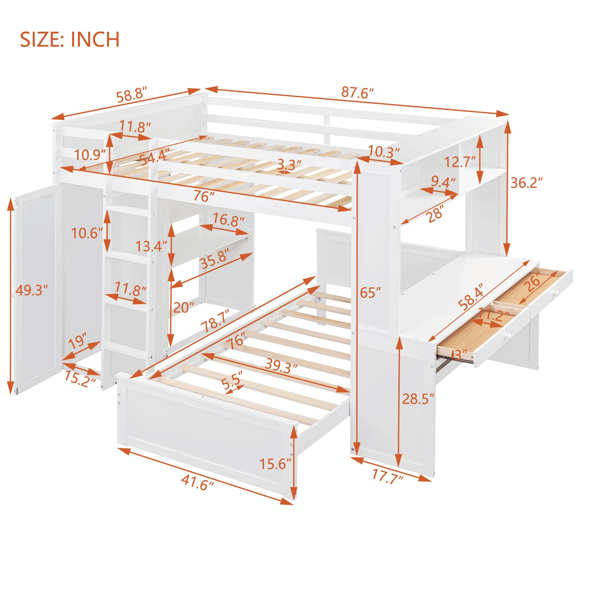 Full Over Twin Bunk Beds with Desk and Drawers , Wooden Full Size Loft Bed with Removable Twin Bed , Wardrobe and Shelves , Storage Bunk Bed with Ladder & Guardrails for Kids Girls Boys , White