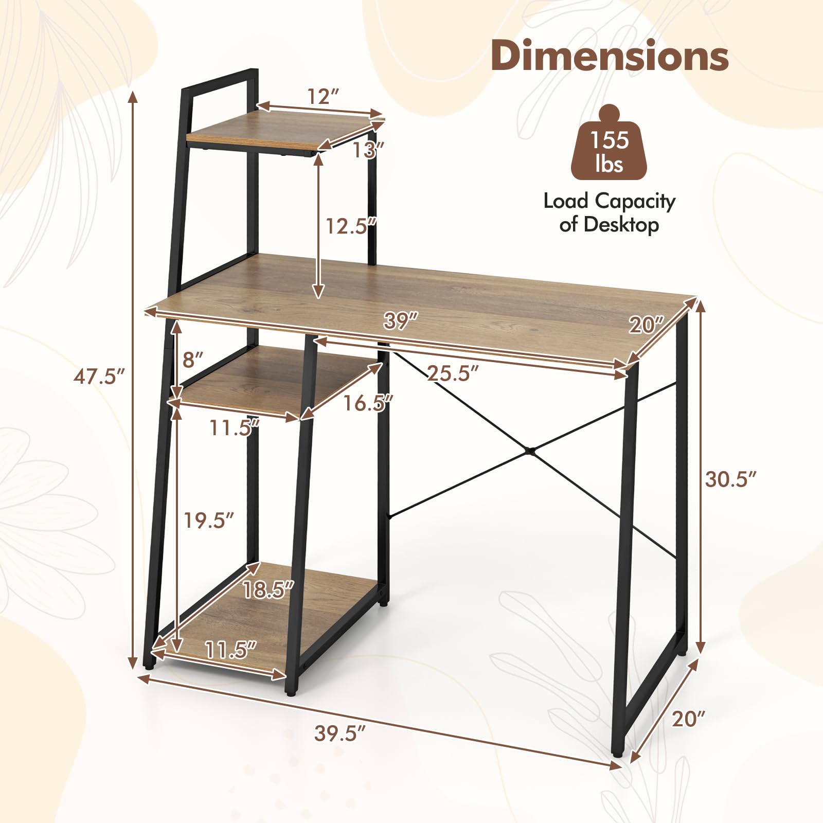 Giantex Computer Desk with Shelves, 47.5” Home Office Desk with Bookshelf, Host Stand, Metal Frame, PC Laptop Workstation, Modern Study Writing Desk for Bedroom, Small Space (Natural & Black)