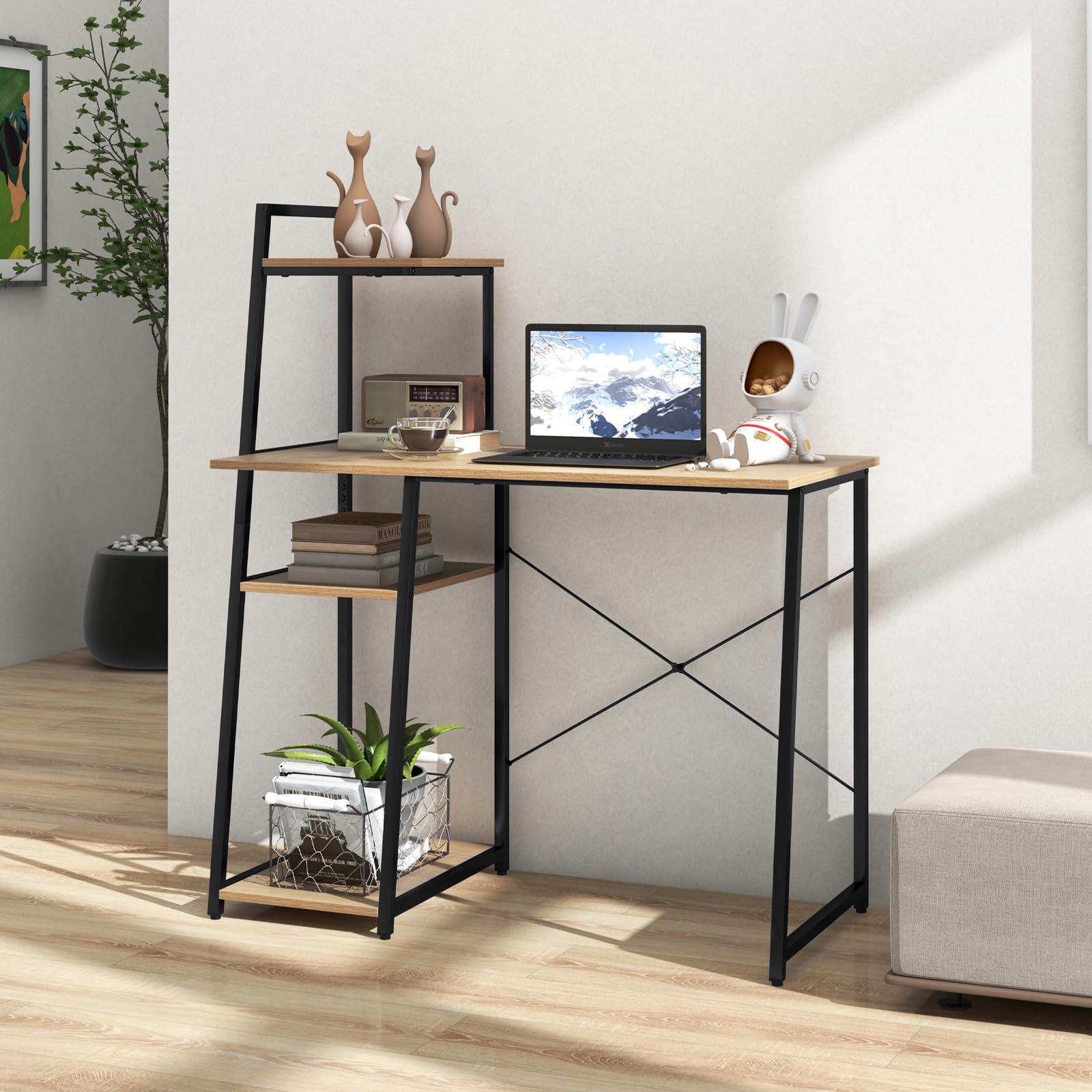 Giantex Computer Desk with Shelves, 47.5” Home Office Desk with Bookshelf, Host Stand, Metal Frame, PC Laptop Workstation, Modern Study Writing Desk for Bedroom, Small Space (Natural & Black)