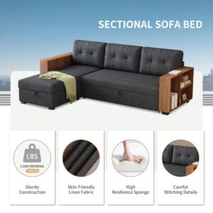 ACQCA 84" Sectional Sleeper Sofa with Storage Chaise, L Shaped Pull Out Couch Bed with Wooden Armrests and 3 Removable Back Cushion for Living Room,Apartment,Office,Dark Grey