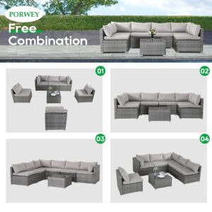 PORWEY Patio Outdoor Furniture Set 7 Pieces Rattan Wicker Sectional Sofa Couch Conversation Set with Table for Deck Lawn, Gray Wicker/Gray Cushion