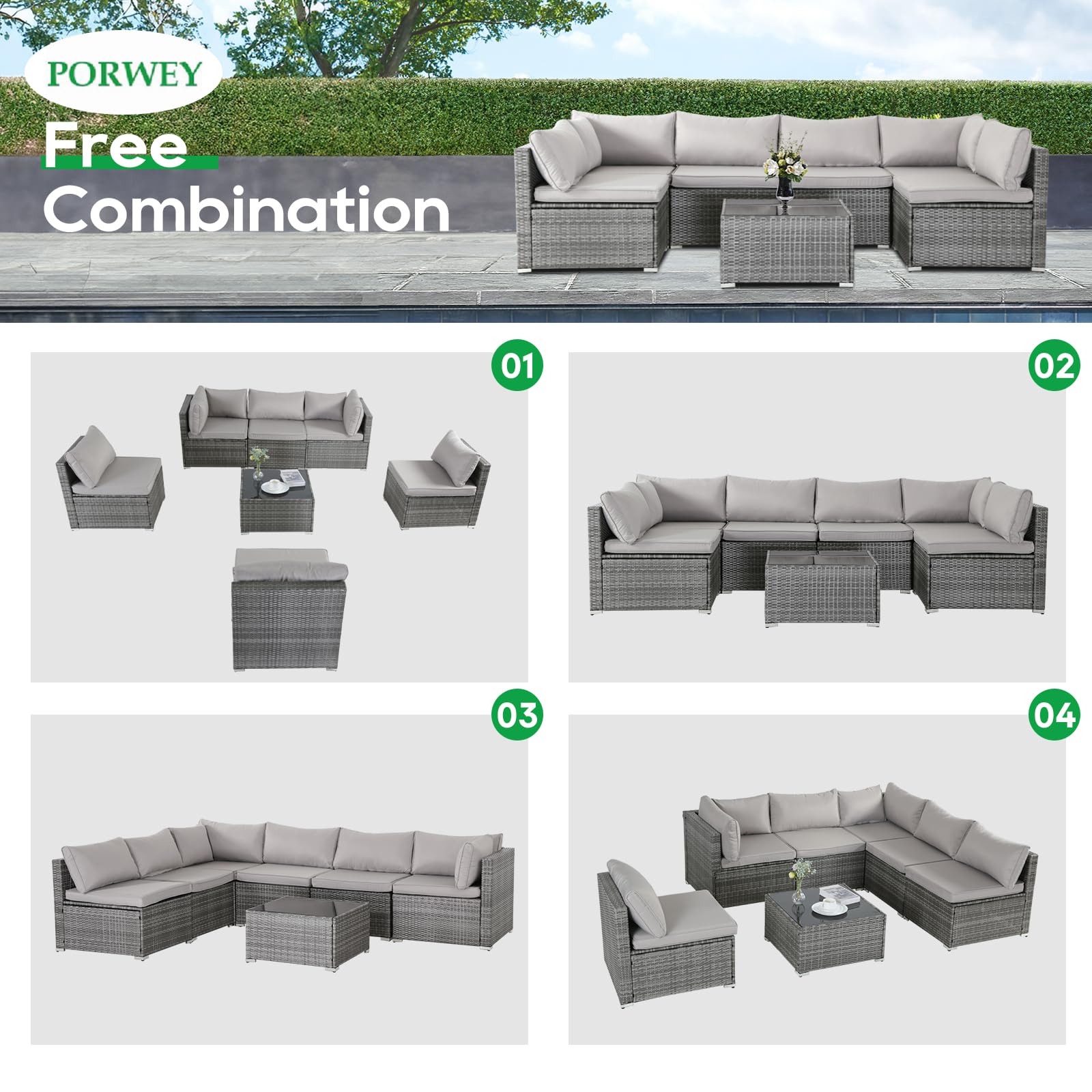 PORWEY Patio Outdoor Furniture Set 7 Pieces Rattan Wicker Sectional Sofa Couch Conversation Set with Table for Deck Lawn, Gray Wicker/Gray Cushion