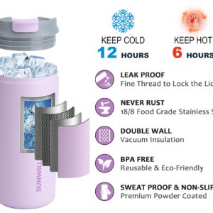 SUNWILL Insulated Coffee Mug with Lid, Leakproof Travel Coffee Tumbler Cups, 12 oz Iced Coffee Cup Powder Coated Lavender