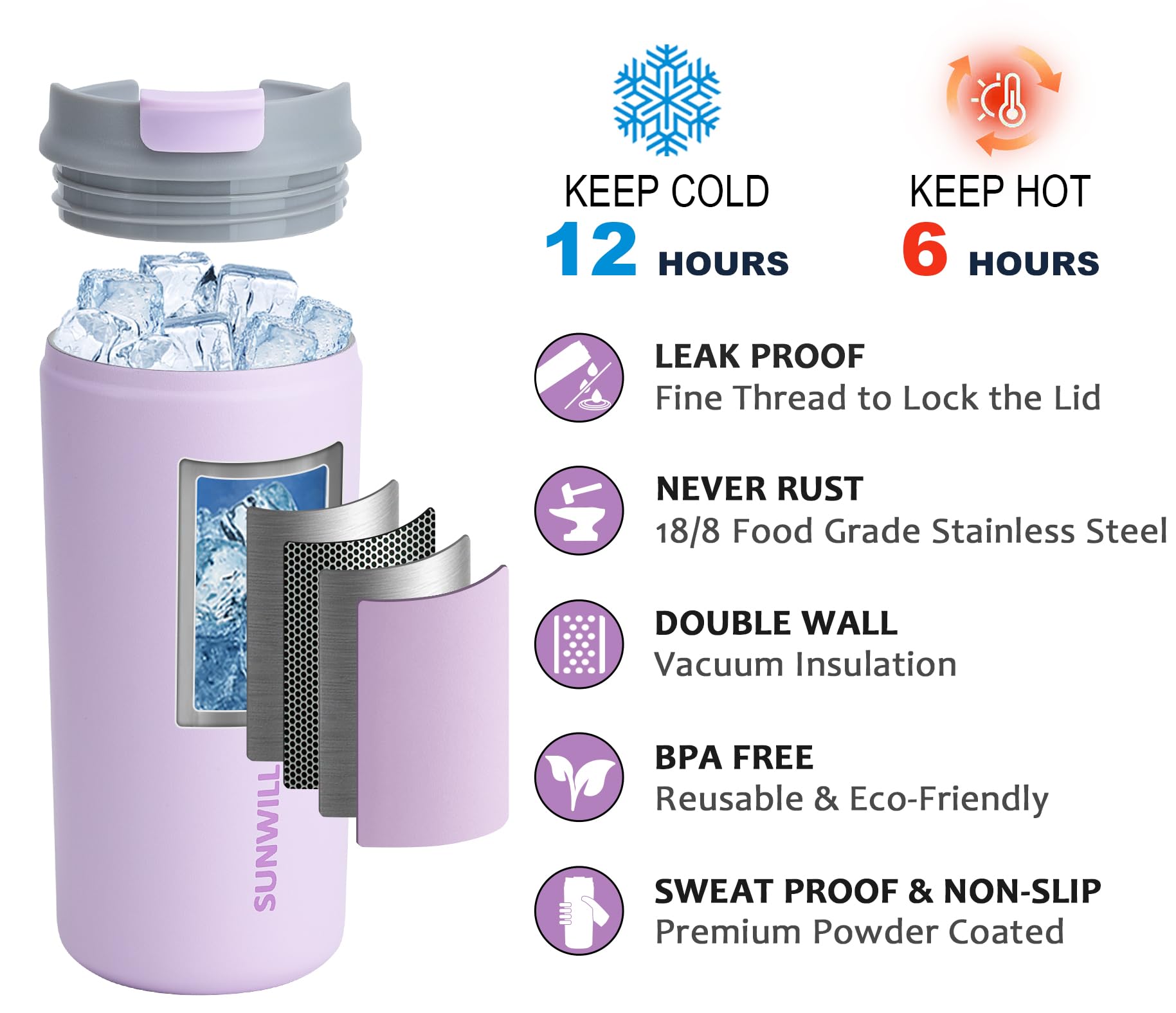 SUNWILL Insulated Coffee Mug with Lid, Leakproof Travel Coffee Tumbler Cups, 12 oz Iced Coffee Cup Powder Coated Lavender