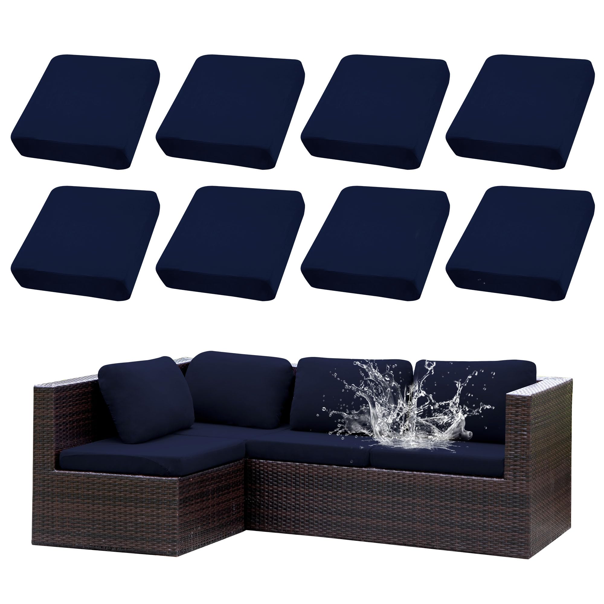 SUKAIKEQA 8Pcs Stretch Outdoor Cushions Cover Waterproof Patio Cushions Cover Outdoor Furniture Patio Cushion Cover Replacement Outdoor Cushion Slipcovers Outdoor Couch Cushions Cover (Dark Blue)