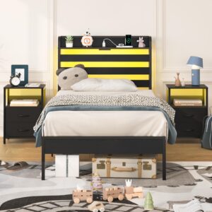 Yoobure Twin Bed Frames with Storage Headboard, Led Bed Frame with Charging Station, Metal Platform Bed Wood Bedframe with Heavy Duty Slats, Noise-Free, No Box Spring Needed, Easy Assembly