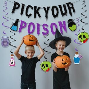 JKQ Glittery Pick Your Poison Banner and Halloween Hanging Swirls Decorations Halloween Haunted Mansion Banner Halloween Witches Party Decorations Supplies for Home Mantle