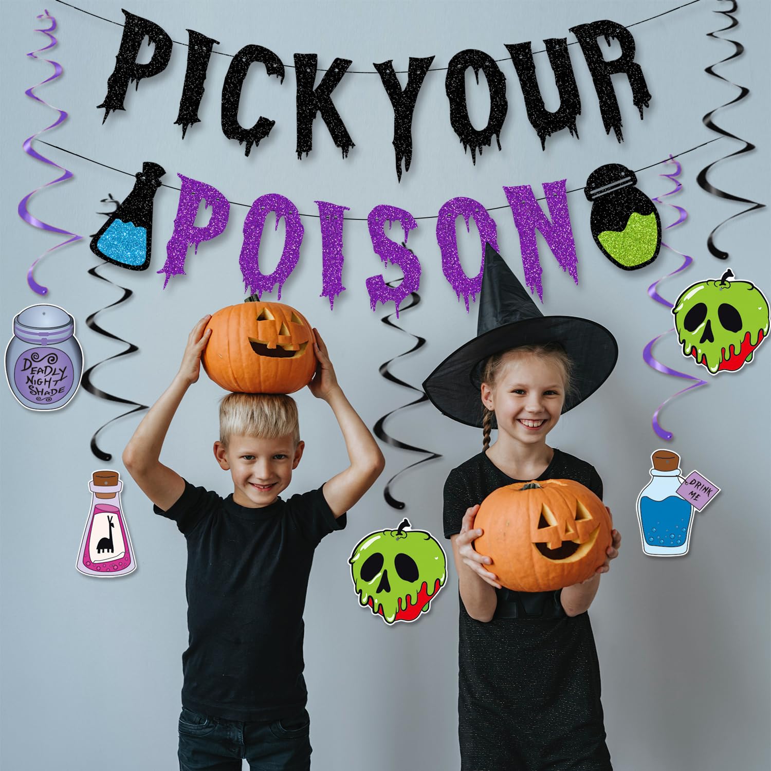 JKQ Glittery Pick Your Poison Banner and Halloween Hanging Swirls Decorations Halloween Haunted Mansion Banner Halloween Witches Party Decorations Supplies for Home Mantle