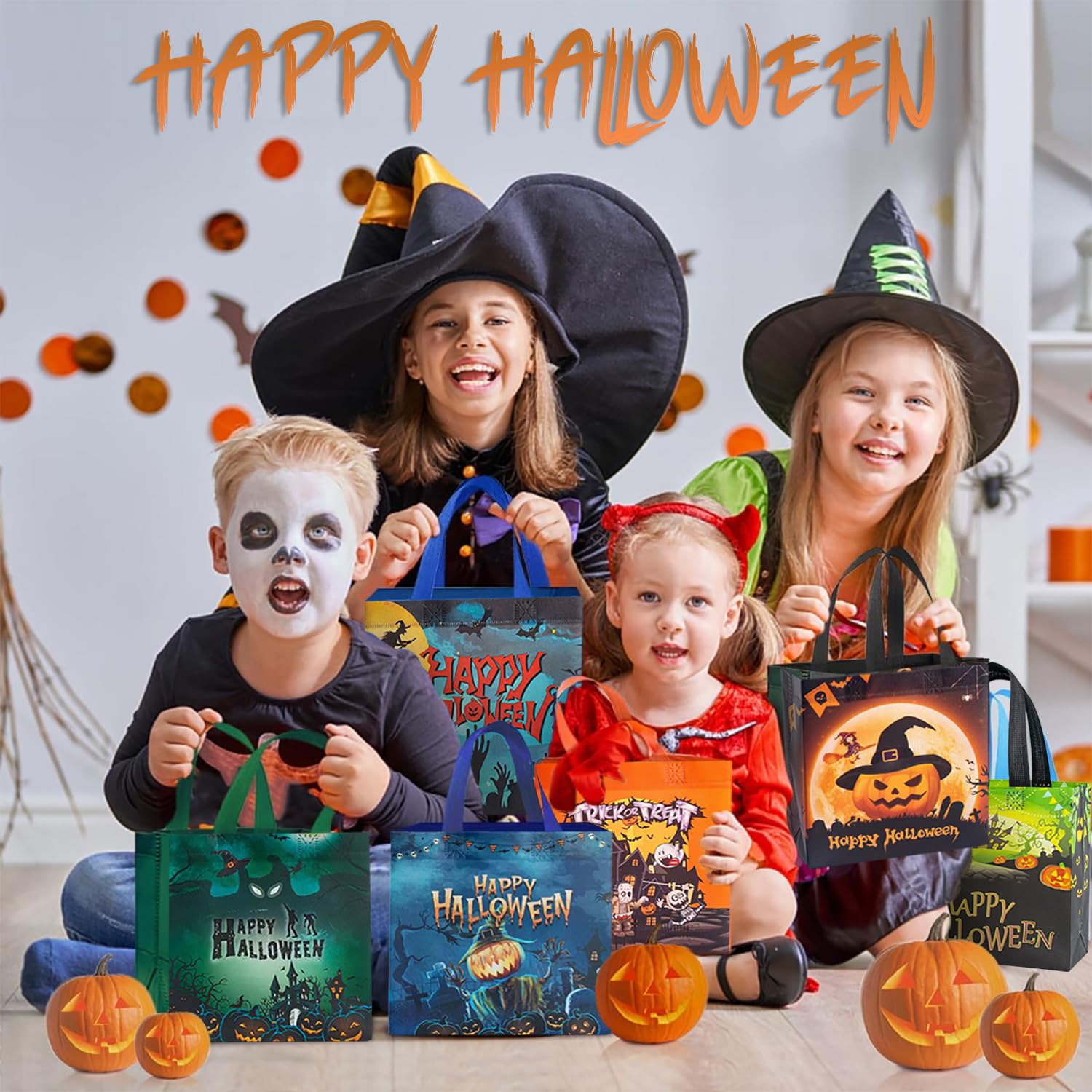 JOLYMOLY Halloween Trick or Treat Bags, 6pcs Halloween Candy Bags with Handles, Multifunctional Non-Woven Tote Bags for Party Supplies Halloween Decoration, 7.9"×7.9"×3.9"