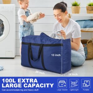 Large Storage Bags, Extra Large Moving Bags with Zips for College Moving, Taykos House Storage Clothes Bedding Comforter Quilt Blankets Waterproof Blue Packing Bags 100L Storage Bags Moving-4Pack