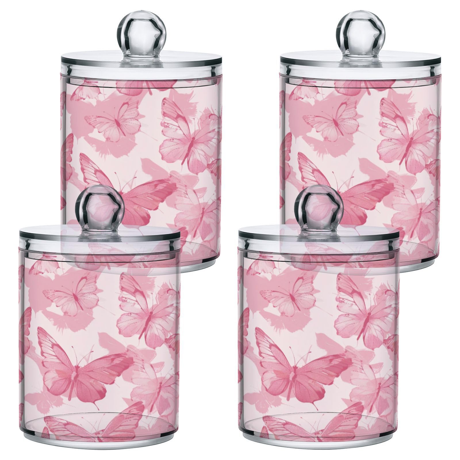 Msyxl 2 Pack Pink Butterflies Apothecary Jars with Lid, Qtip Holder Storage Containers for Cotton Ball, Swabs, Pads, Clear Plastic Canisters for Bathroom Vanity Organization (10 Oz)